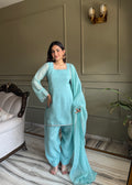 Designer Sky Crunchy Silk Siroski Work Women's Suit Set
