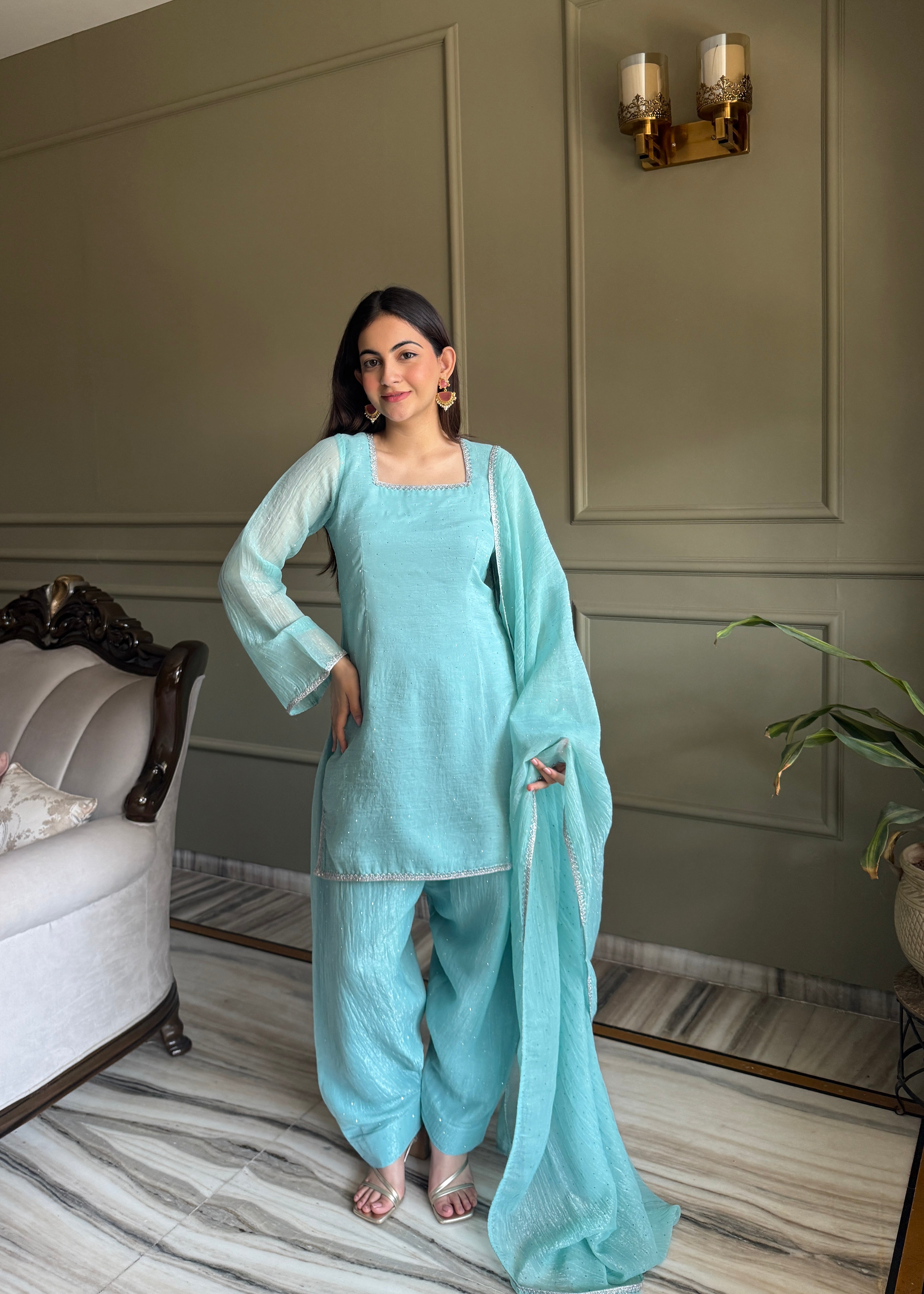 Designer Sky Crunchy Silk Siroski Work Women's Suit Set
