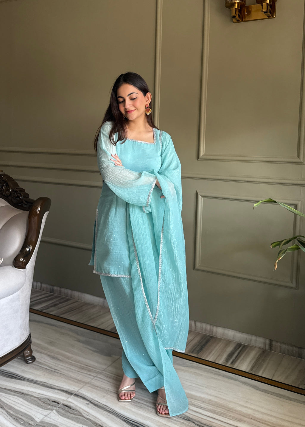 Designer Sky Crunchy Silk Siroski Work Women's Suit Set
