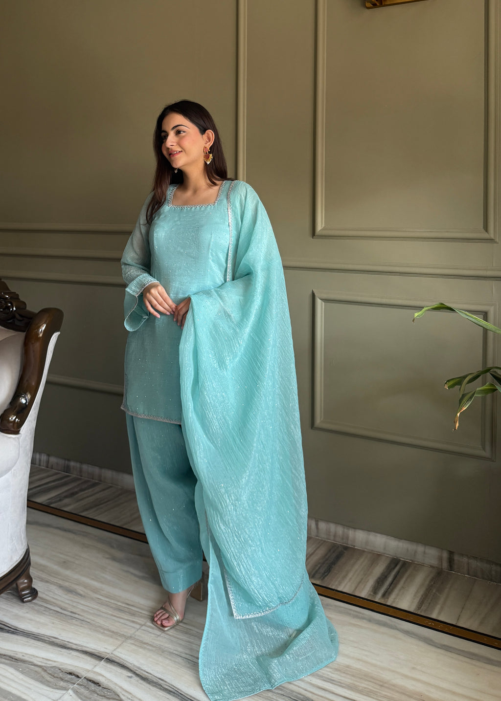 Designer Sky Crunchy Silk Siroski Work Women's Suit Set
