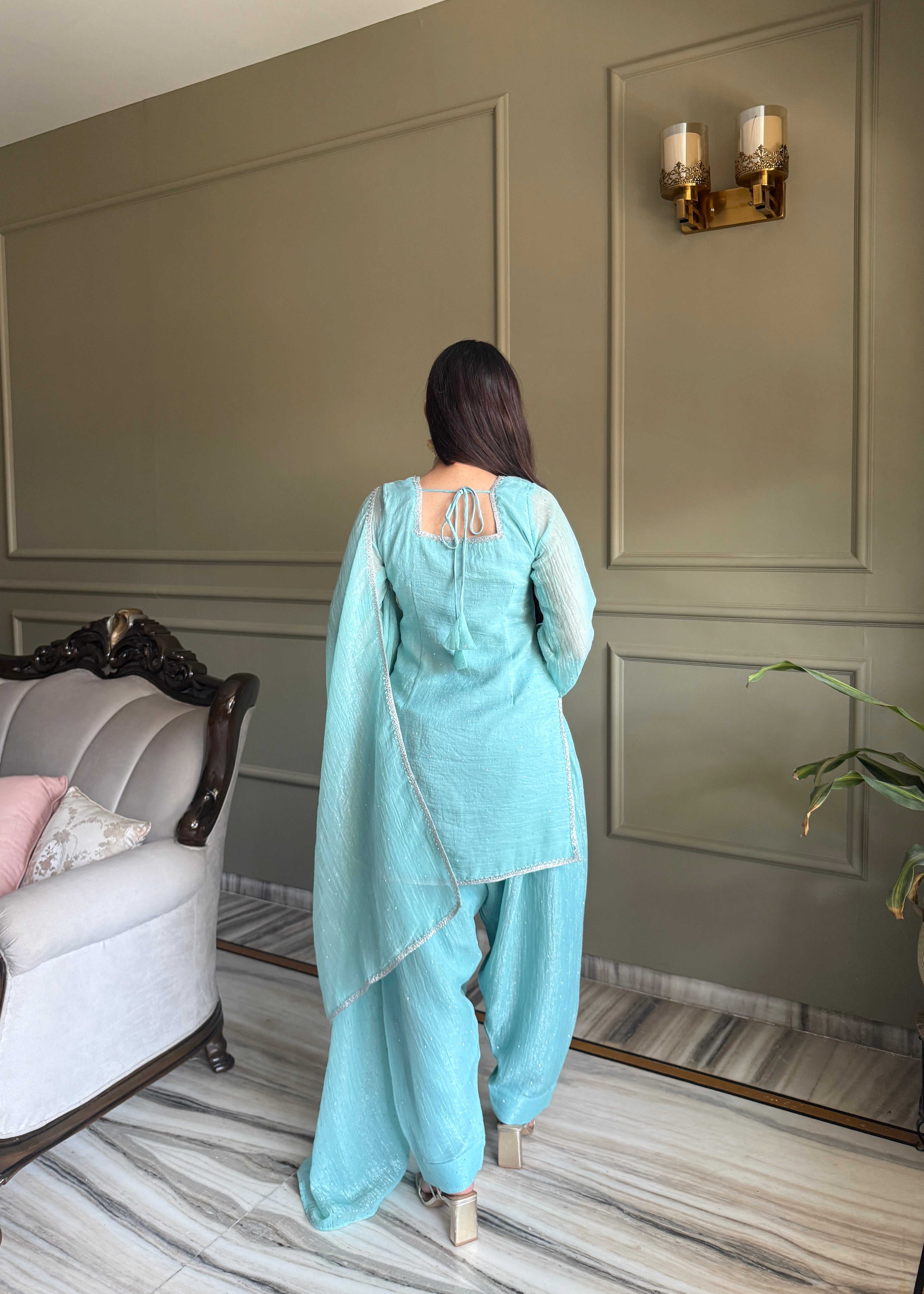 Designer Sky Crunchy Silk Siroski Work Women's Suit Set
