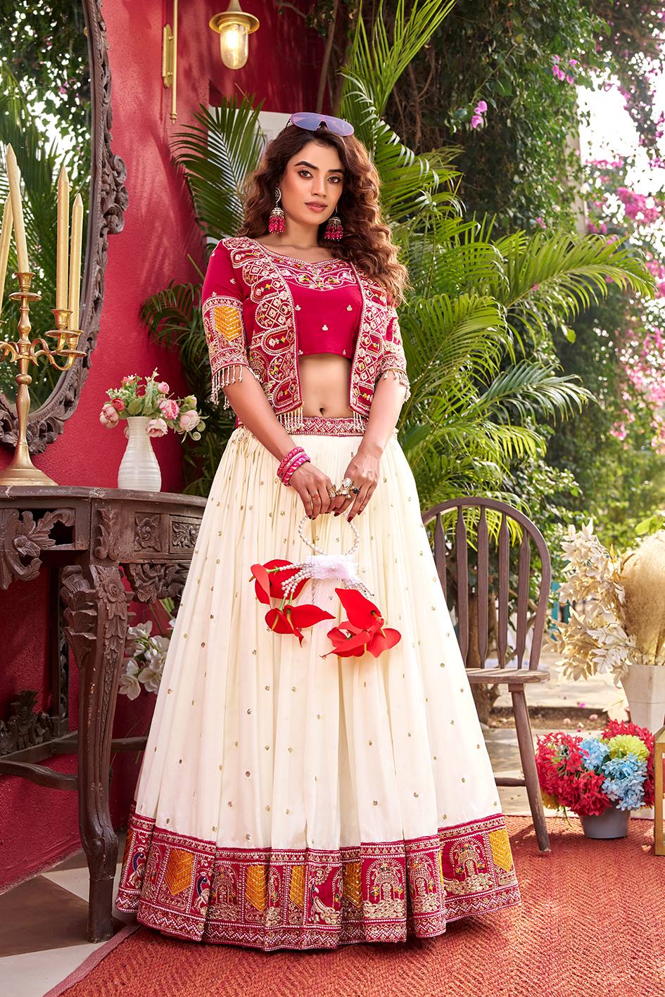 Designer Vichitra Fabric Heavy Embroidery Lehenga Choli & Koti Set
