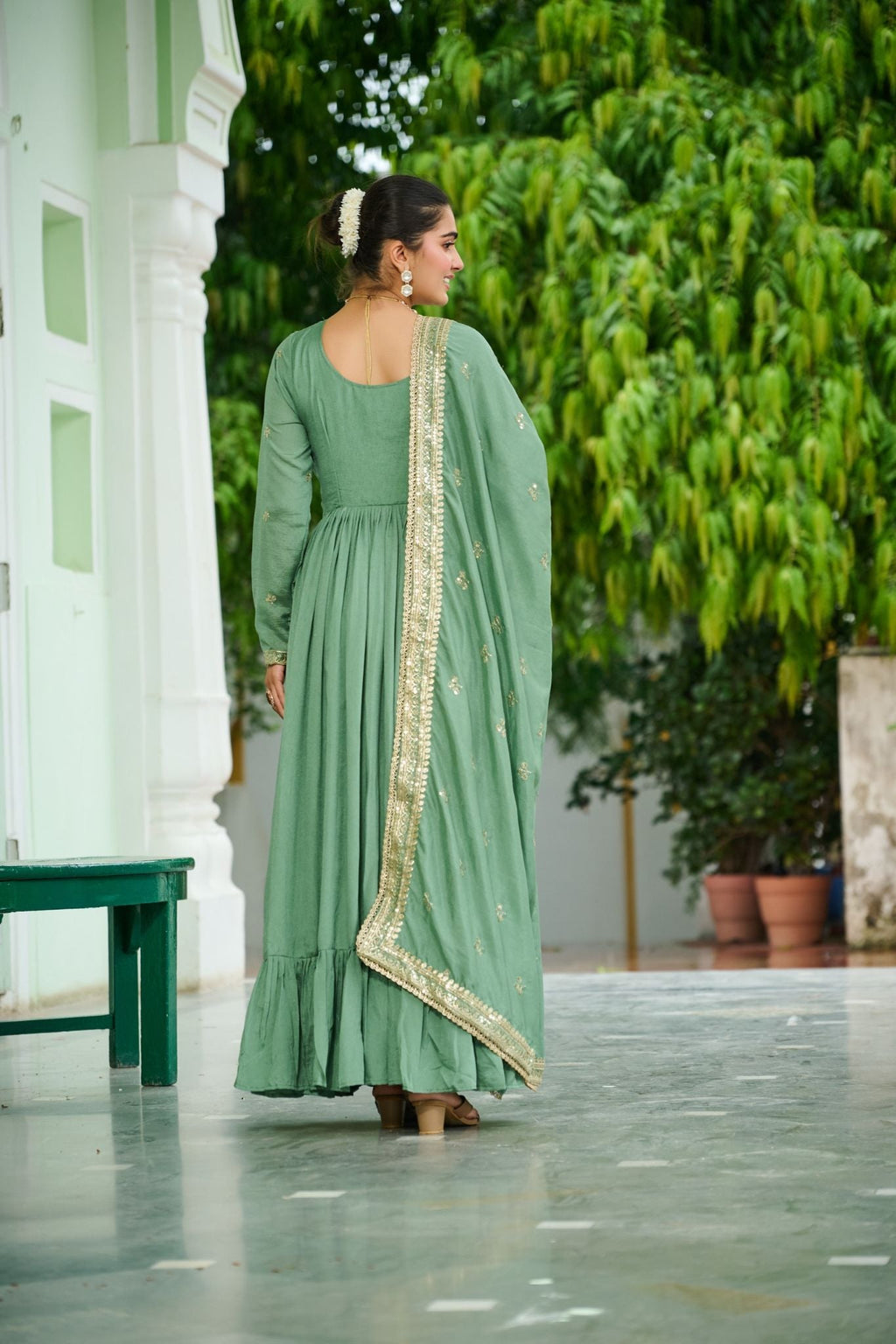 Designer Vichitra Silk Gown with Zari & Thread Embroidery and Dupatta Party Wear Dress