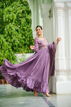 Designer Vichitra Silk Gown with Zari & Thread Embroidery and Dupatta Party Wear Dress