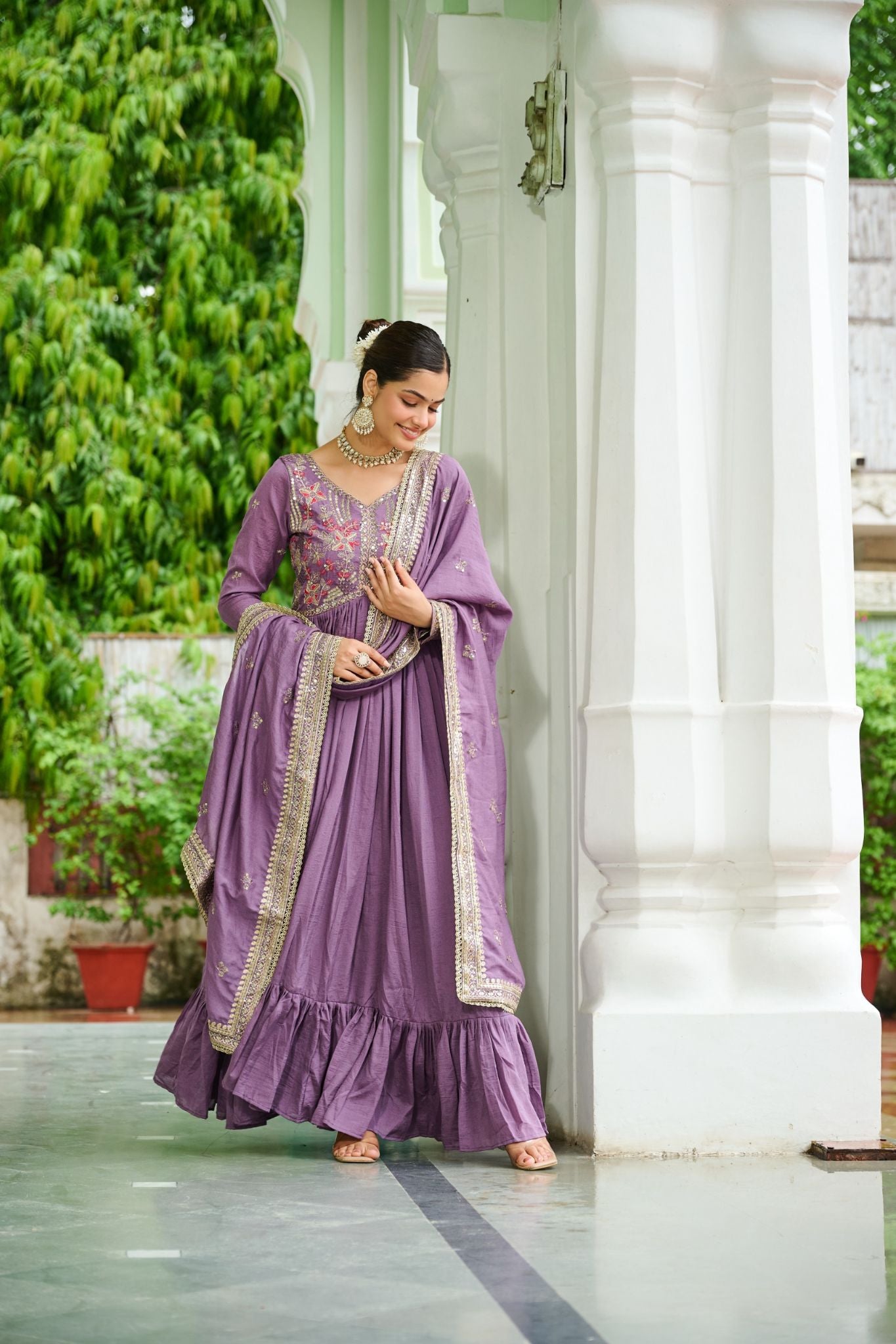 Designer Vichitra Silk Gown with Zari & Thread Embroidery and Dupatta Party Wear Dress
