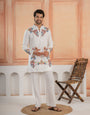 Designer White Multicolor Thread Work Kurta & Bell Bottom Pant Set