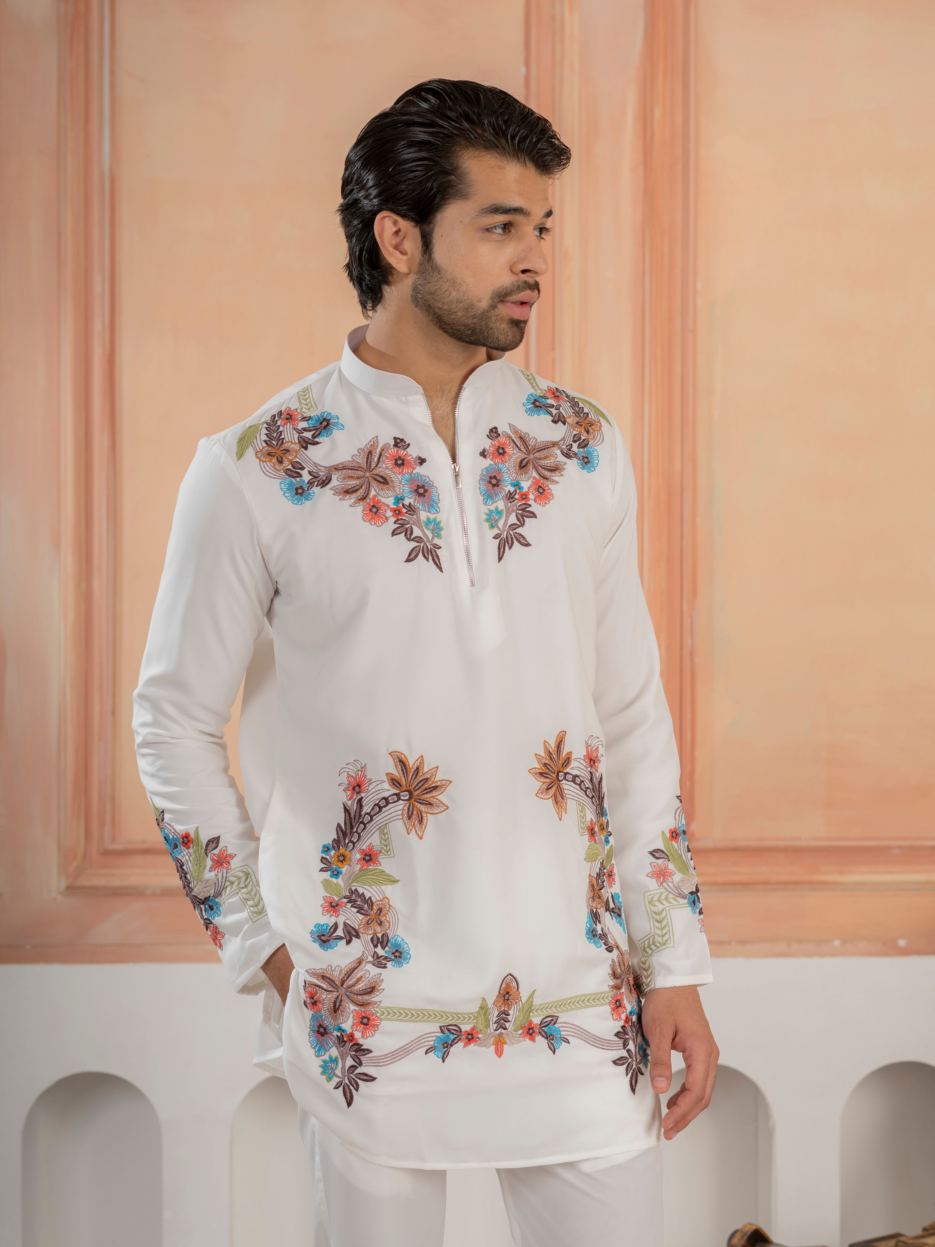Designer White Multicolor Thread Work Kurta & Bell Bottom Pant Set

