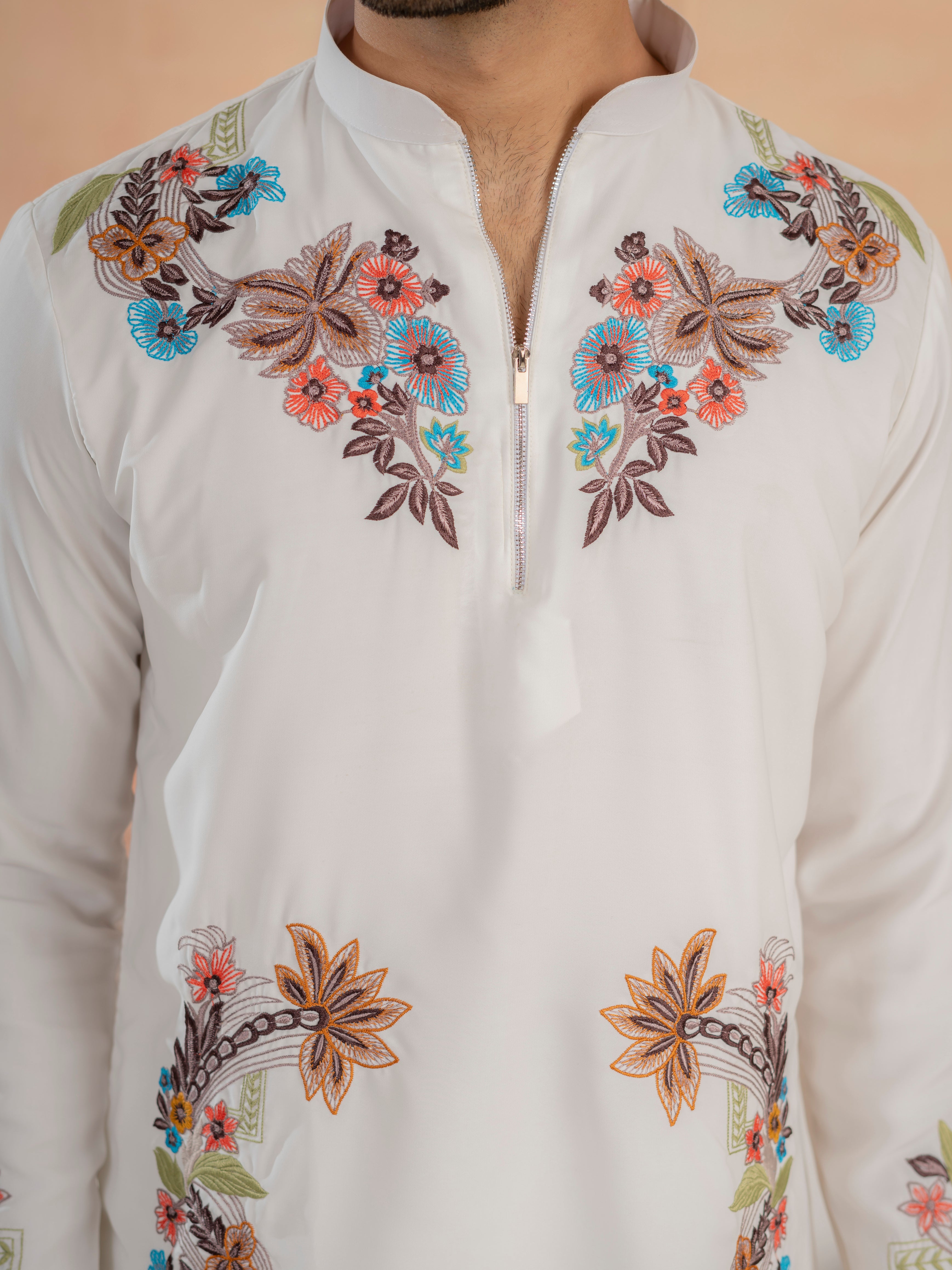 Designer White Multicolor Thread Work Kurta & Bell Bottom Pant Set
