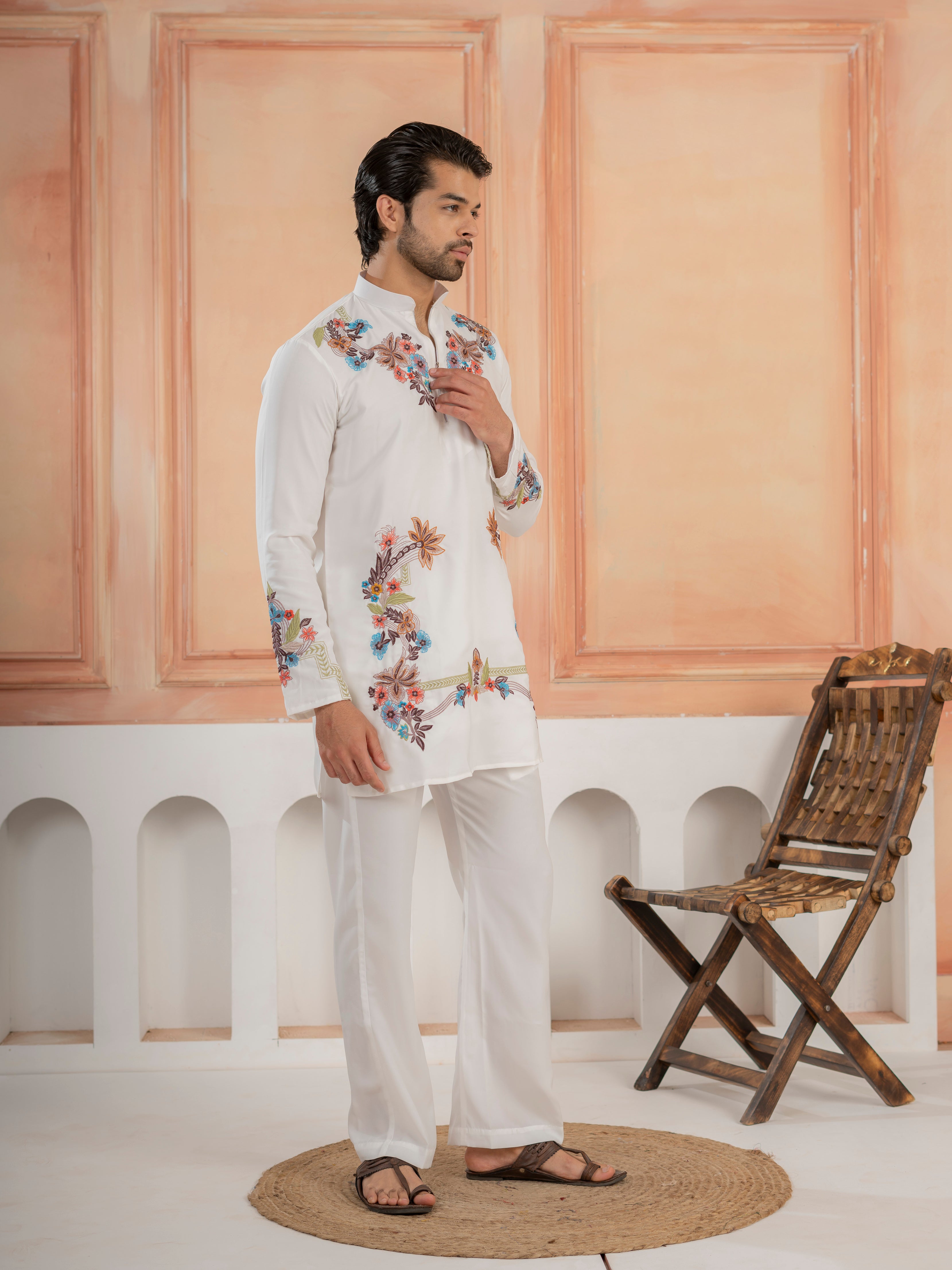Designer White Multicolor Thread Work Kurta & Bell Bottom Pant Set
