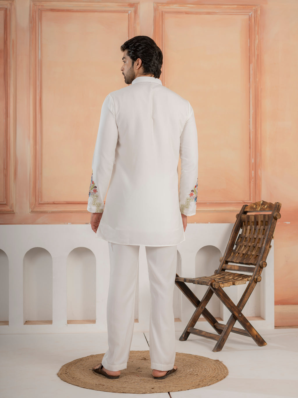Designer White Multicolor Thread Work Kurta & Bell Bottom Pant Set
