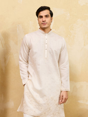 Classic White Viscose Silk Multi-Thread Men’s Kurta Set
