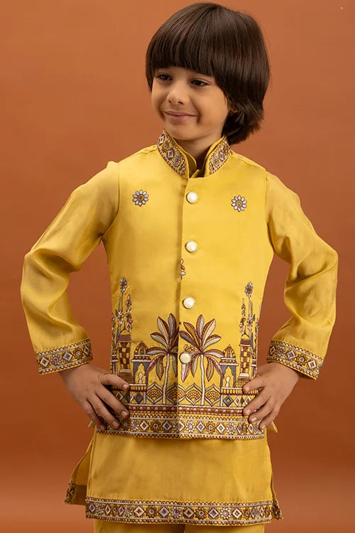 Designer Yellow Koti Kurta Set for Kids Wear