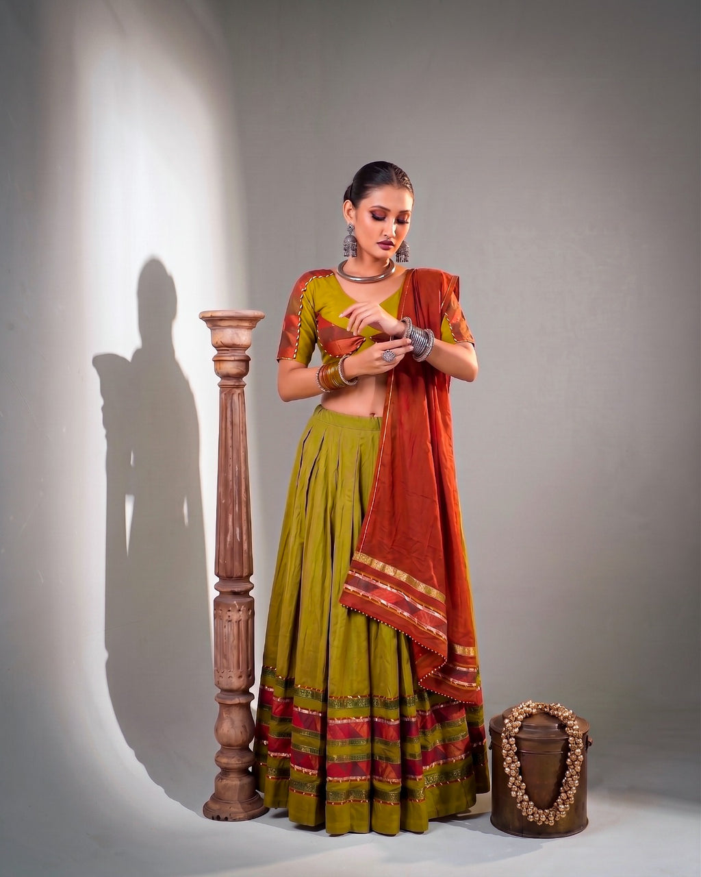 Mehendi Dhabu Cotton Ghughri Lace Lehenga Set | Tulip Designer
