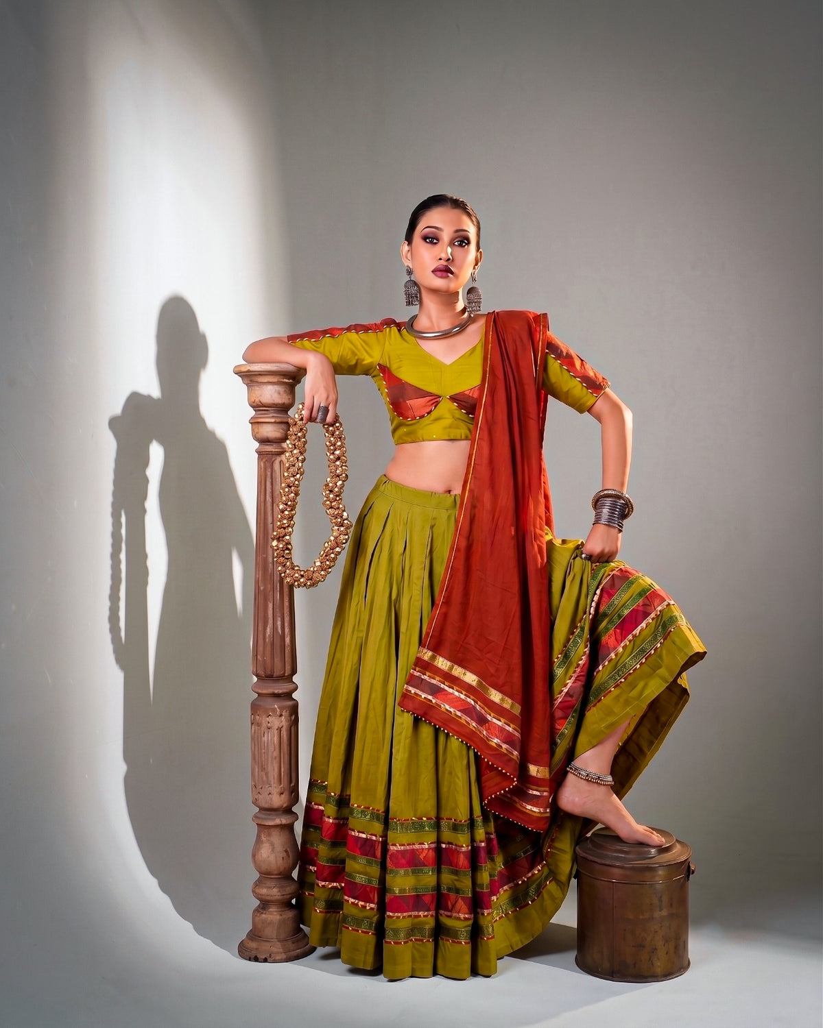 Mehendi Dhabu Cotton Ghughri Lace Lehenga Set | Tulip Designer
