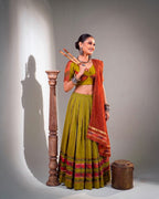 Mehendi Dhabu Cotton Ghughri Lace Lehenga Set | Tulip Designer
