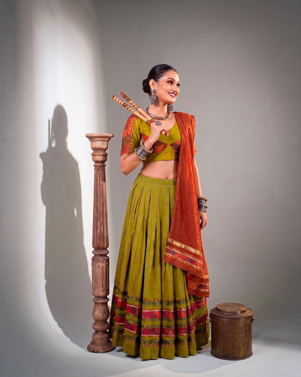 Mehendi Dhabu Cotton Ghughri Lace Lehenga Set | Tulip Designer
