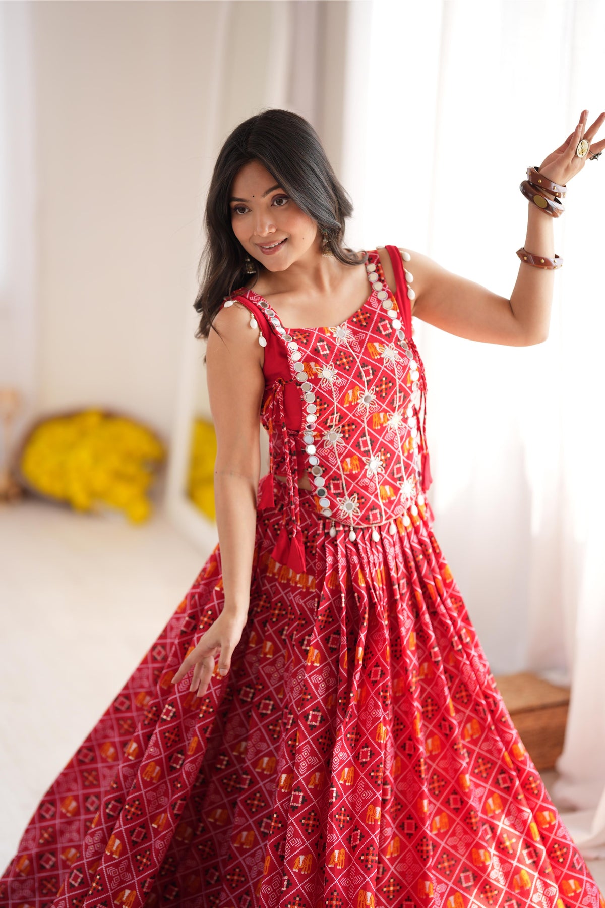 Red Reyon Digital Print Mirror Lehenga Koti Set | Tulip Designer
