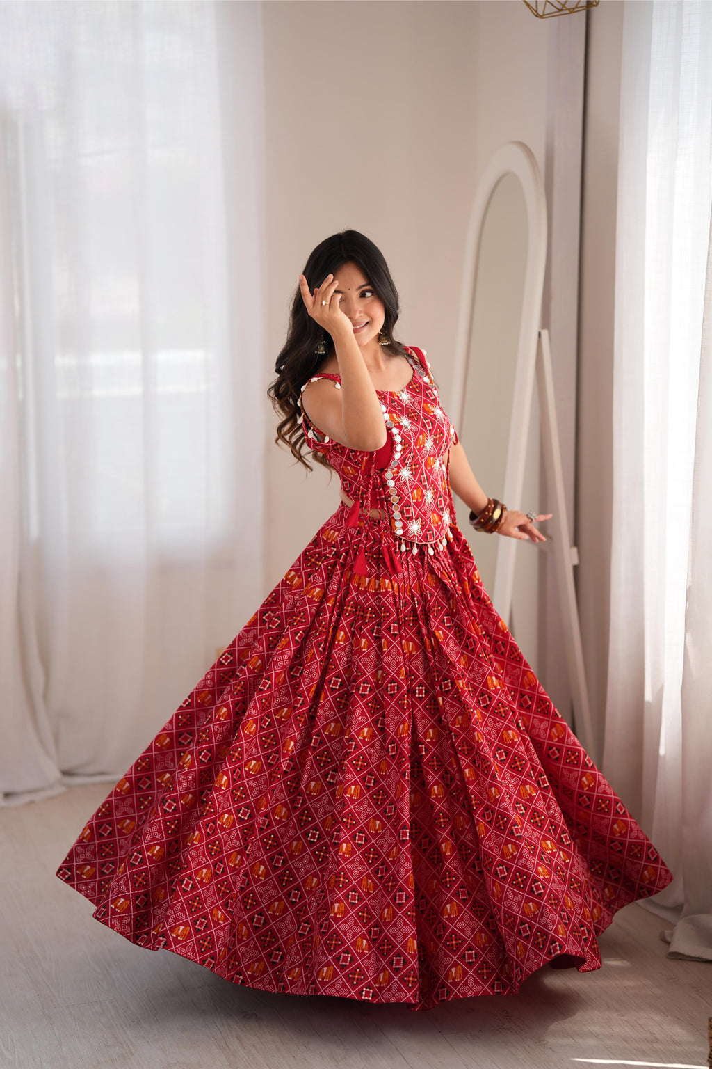 Red Reyon Digital Print Mirror Lehenga Koti Set | Tulip Designer
