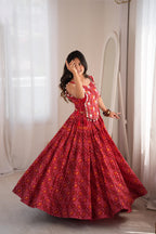 Red Reyon Digital Print Mirror Lehenga Koti Set | Tulip Designer
