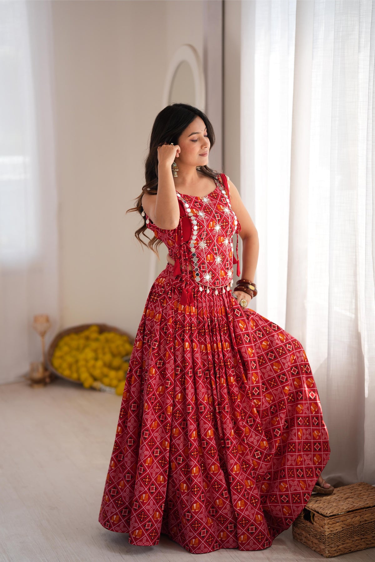 Red Reyon Digital Print Mirror Lehenga Koti Set | Tulip Designer

