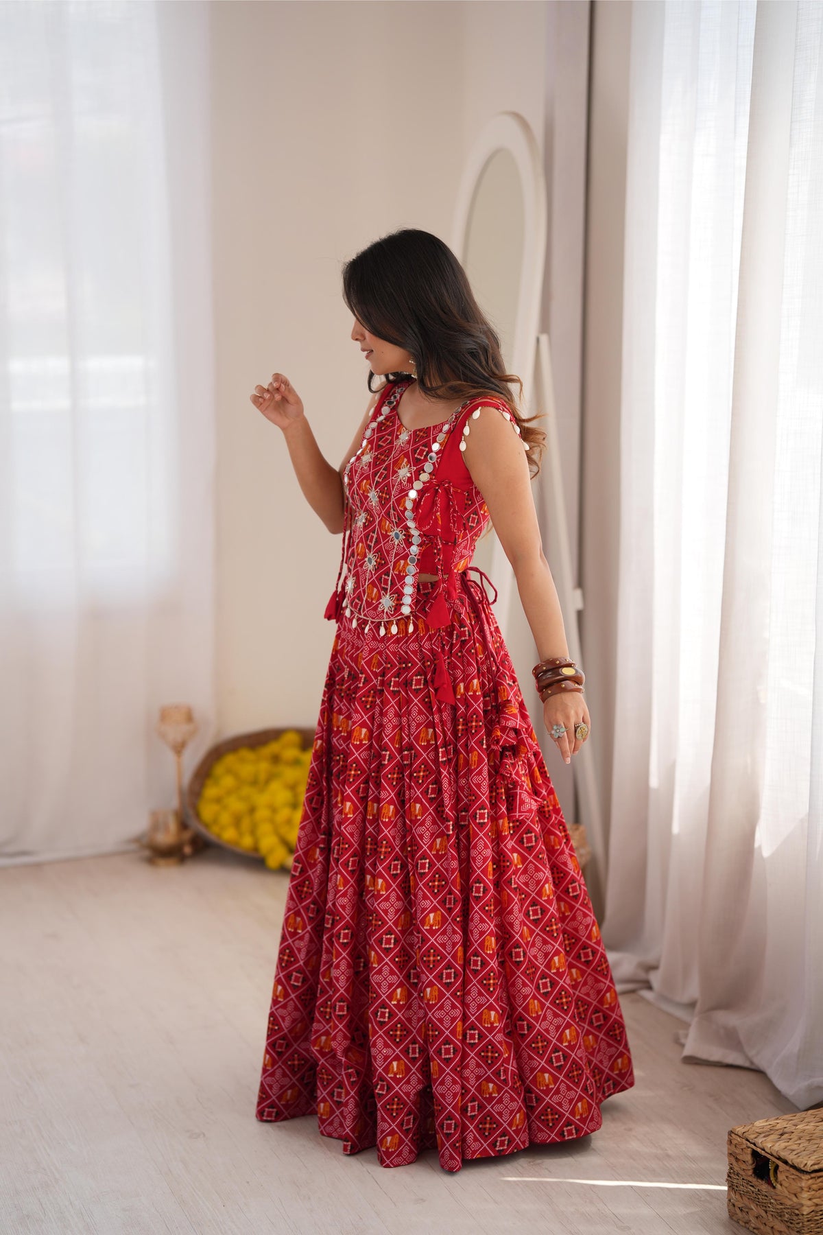 Red Reyon Digital Print Mirror Lehenga Koti Set | Tulip Designer
