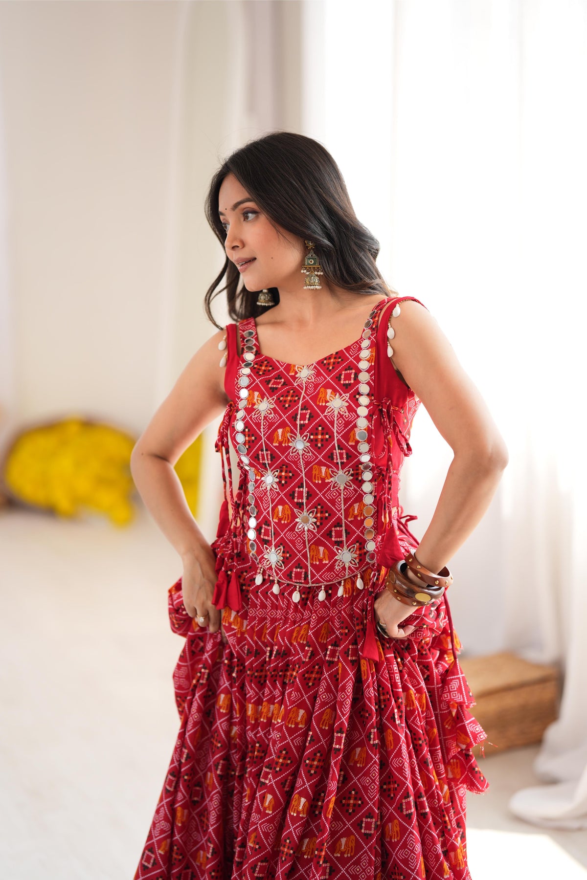 Red Reyon Digital Print Mirror Lehenga Koti Set | Tulip Designer
