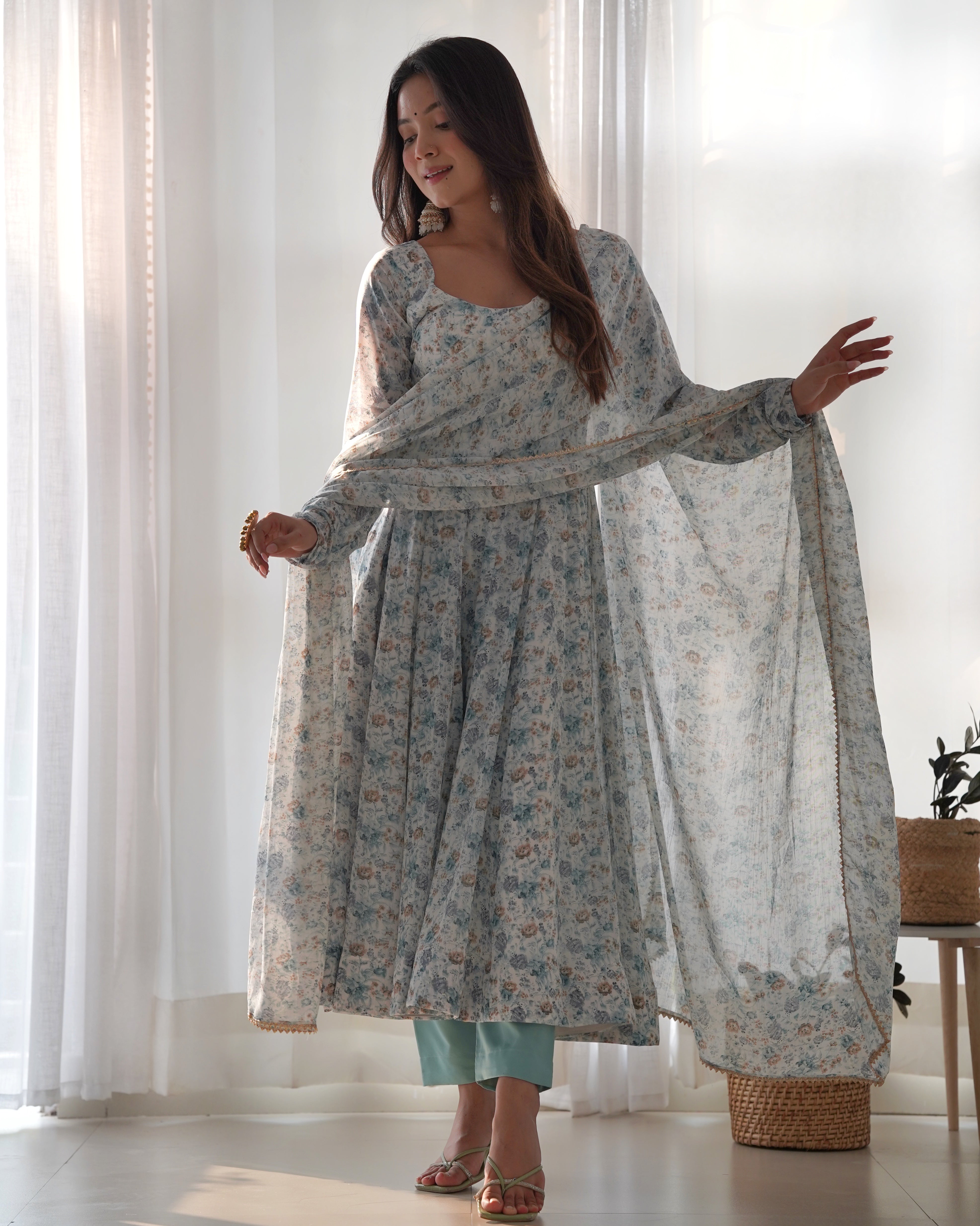 New Digitally Printed Pure Soft Organza Anarkali Suit With Huge Flair Comes With Duppatta & Pant