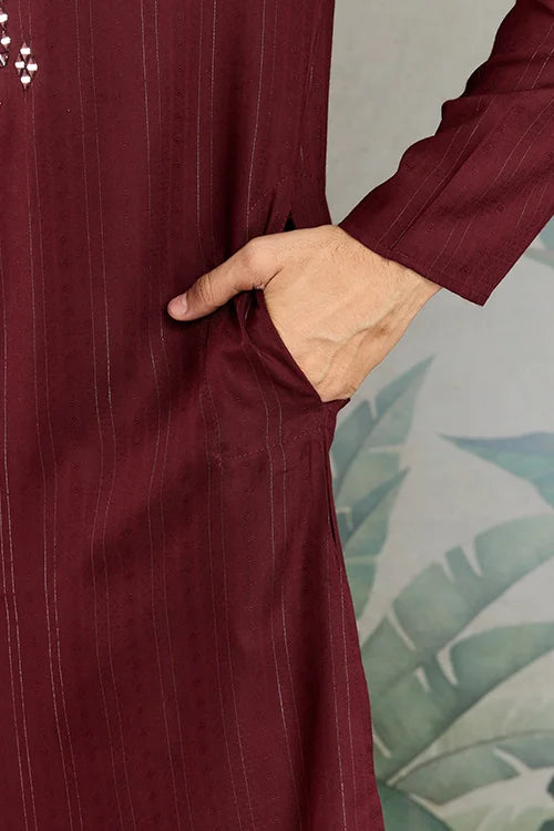 Traditional Maroon Mirror Embroidered Kurta with Dupatta