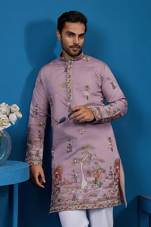 Heavy Embroidered Dusty Pink Kurta for Men