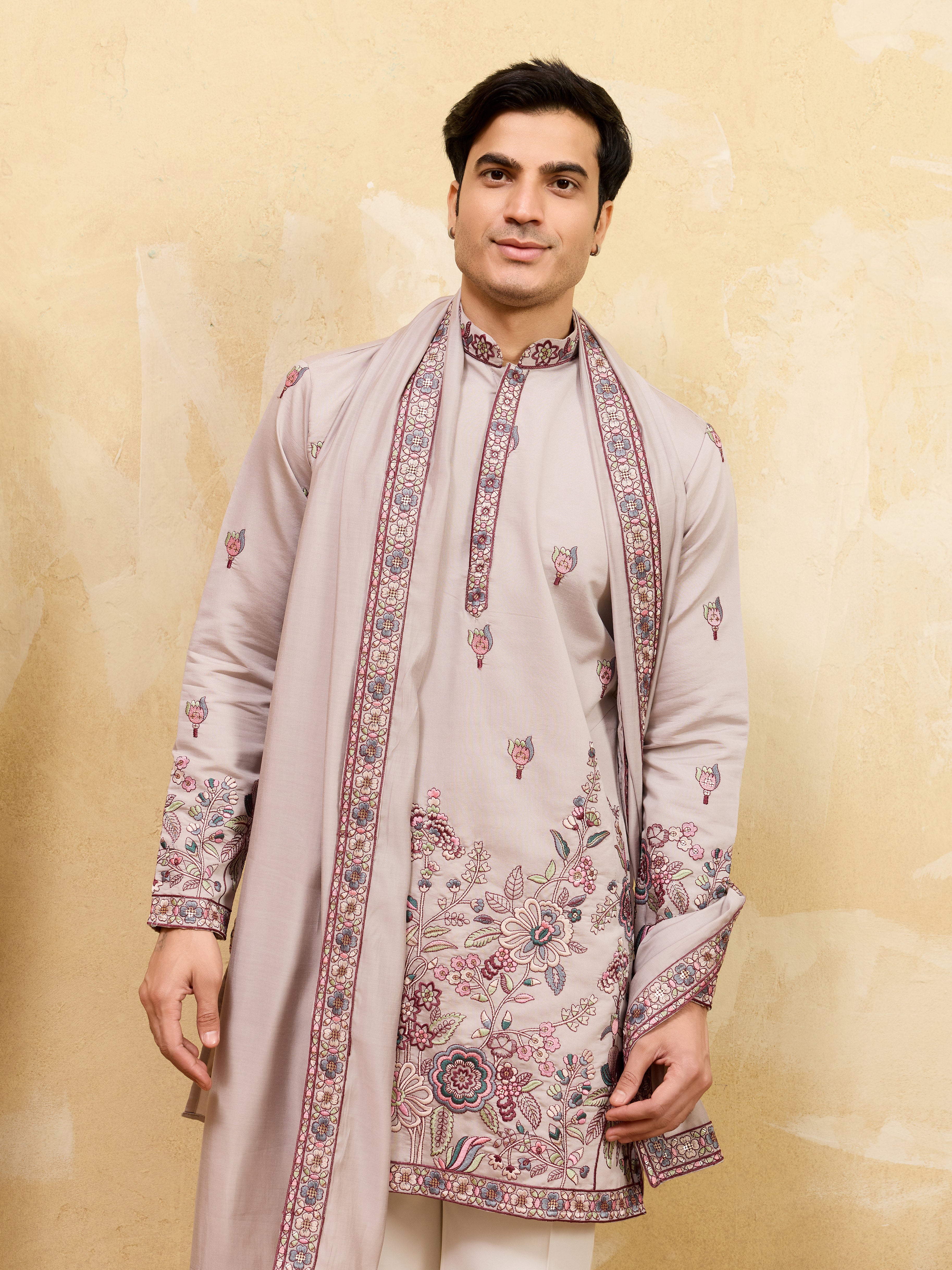 Royal Dusty Lavender Viscose Silk Embroidered Kurta with Dupatta
