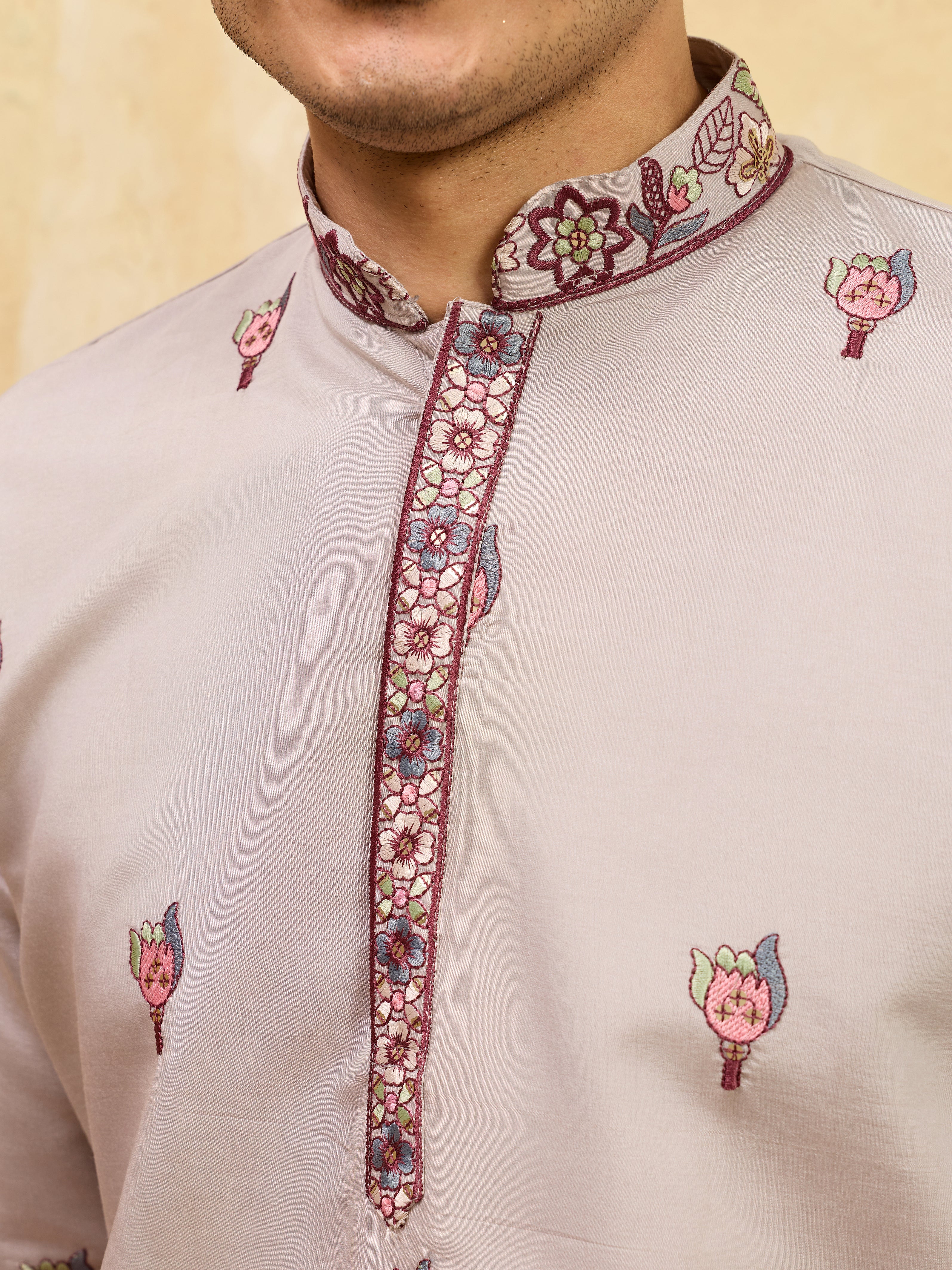 Royal Dusty Lavender Viscose Silk Embroidered Kurta with Dupatta
