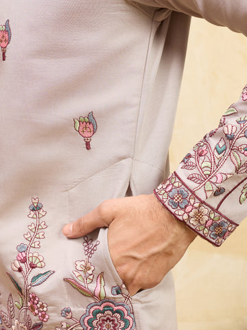 Royal Dusty Lavender Viscose Silk Embroidered Kurta with Dupatta
