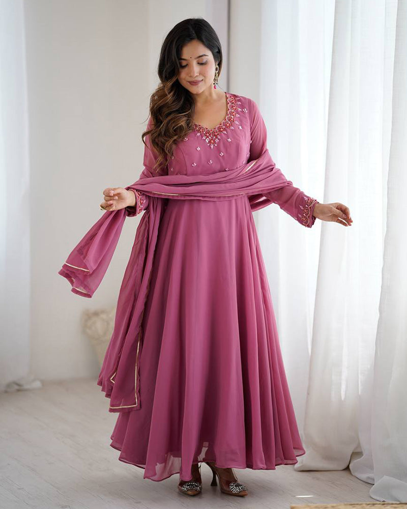 Dusty Onion Color Georgette Three Piece Anarkali Suit