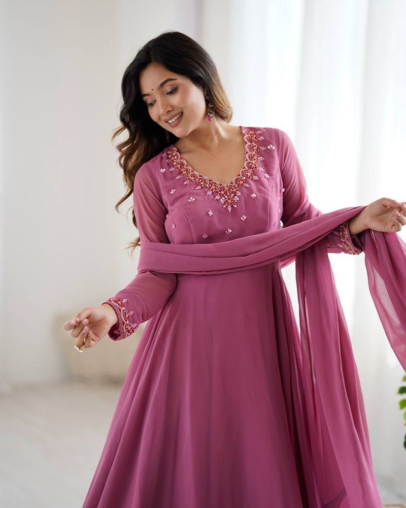 Dusty Onion Color Georgette Three Piece Anarkali Suit