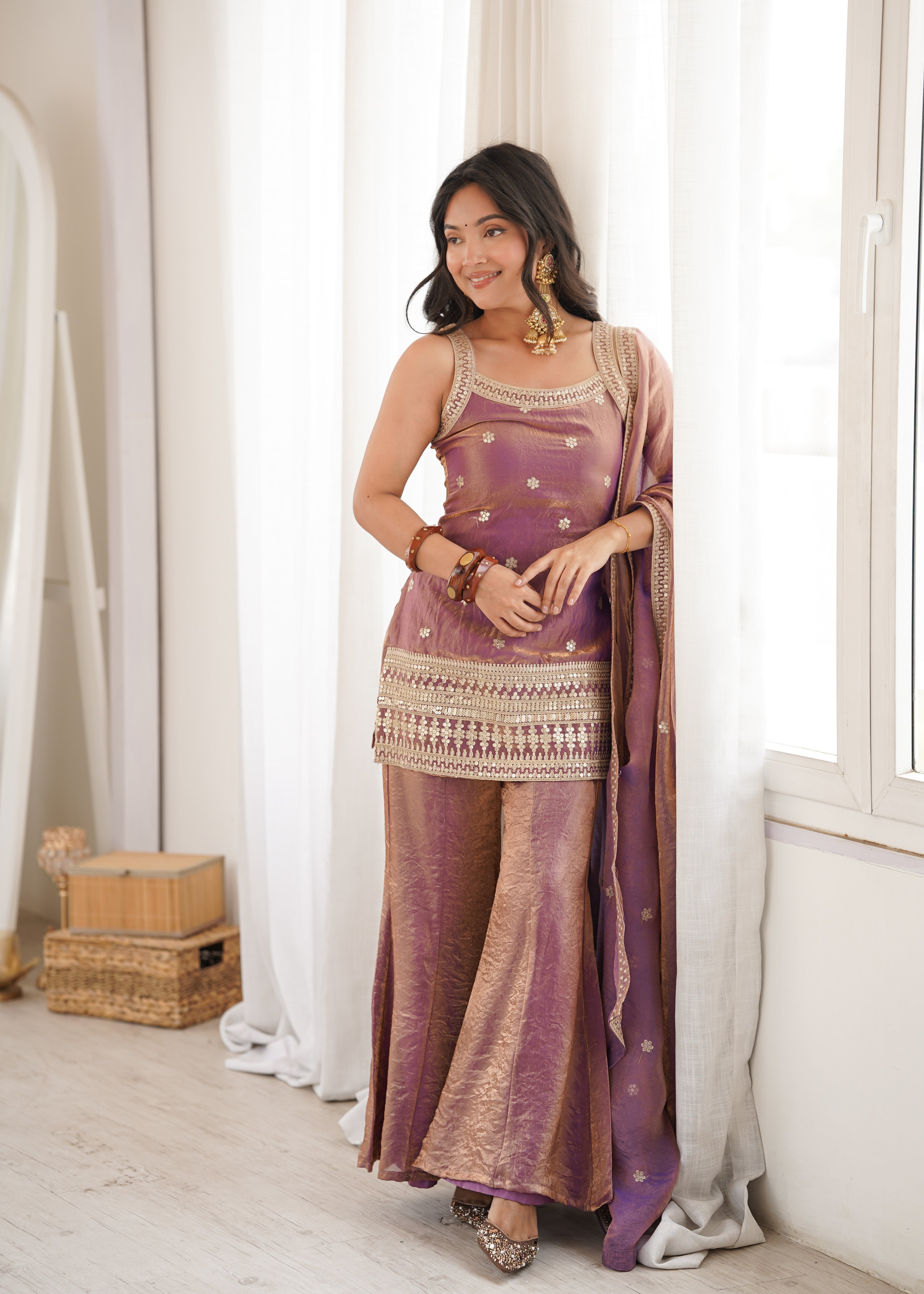 Royal Dusty Pink Frendy Silk Fancy Dori Pattern Kurta with Dupatta and Pant
