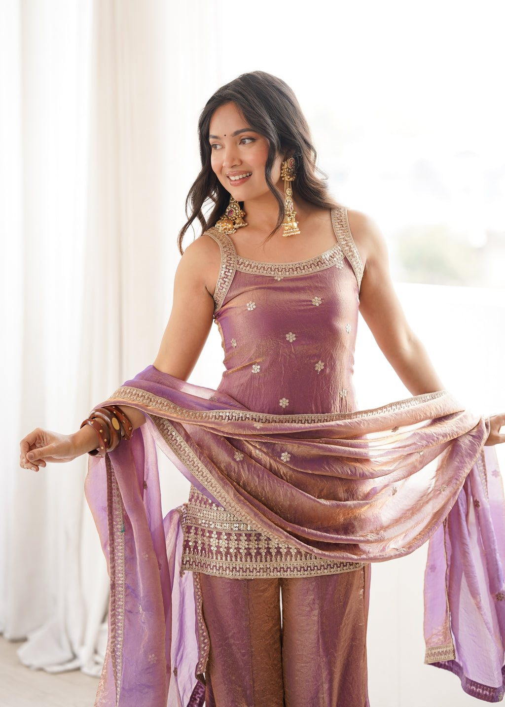 Royal Dusty Pink Frendy Silk Fancy Dori Pattern Kurta with Dupatta and Pant
