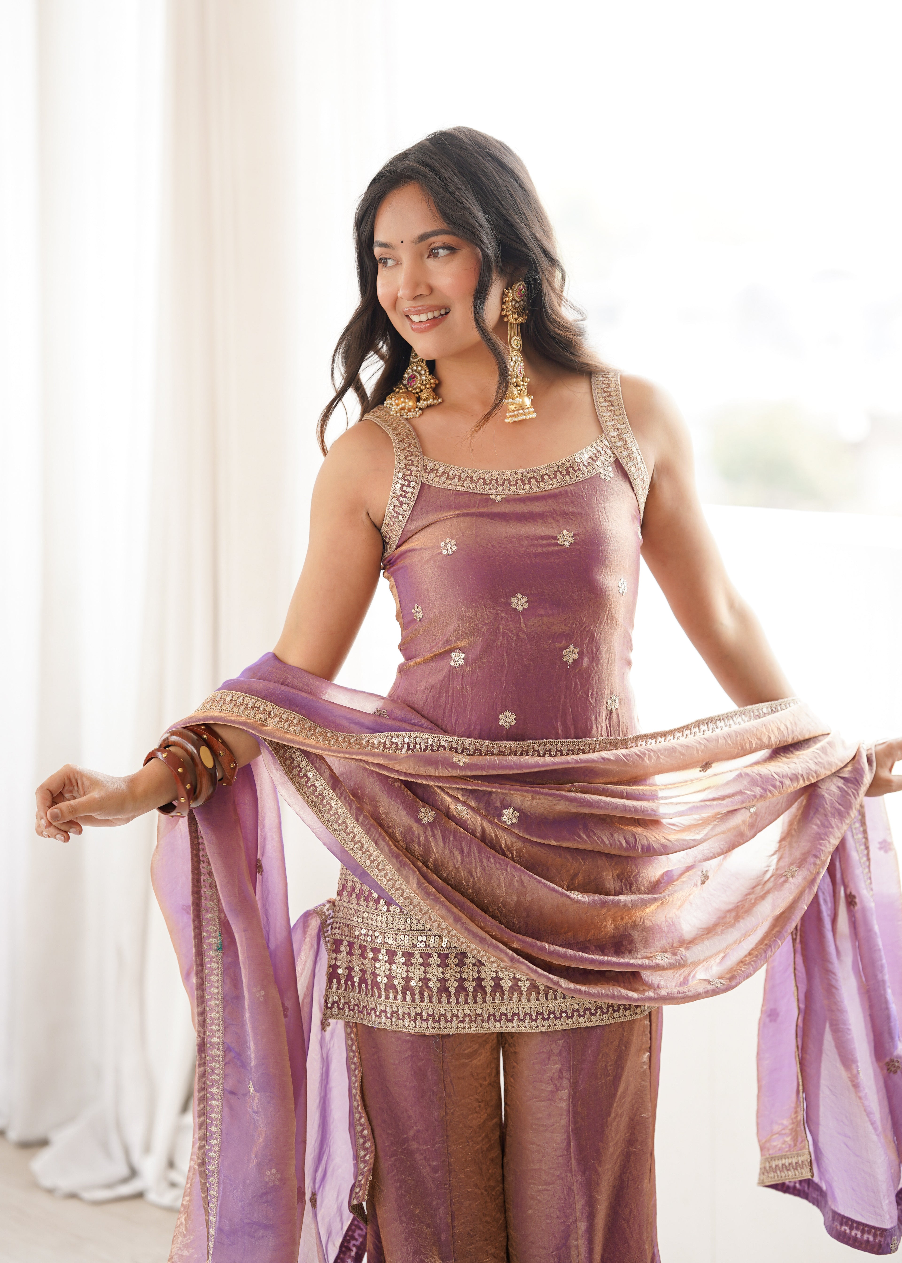 Royal Dusty Pink Frendy Silk Fancy Dori Pattern Kurta with Dupatta and Pant
