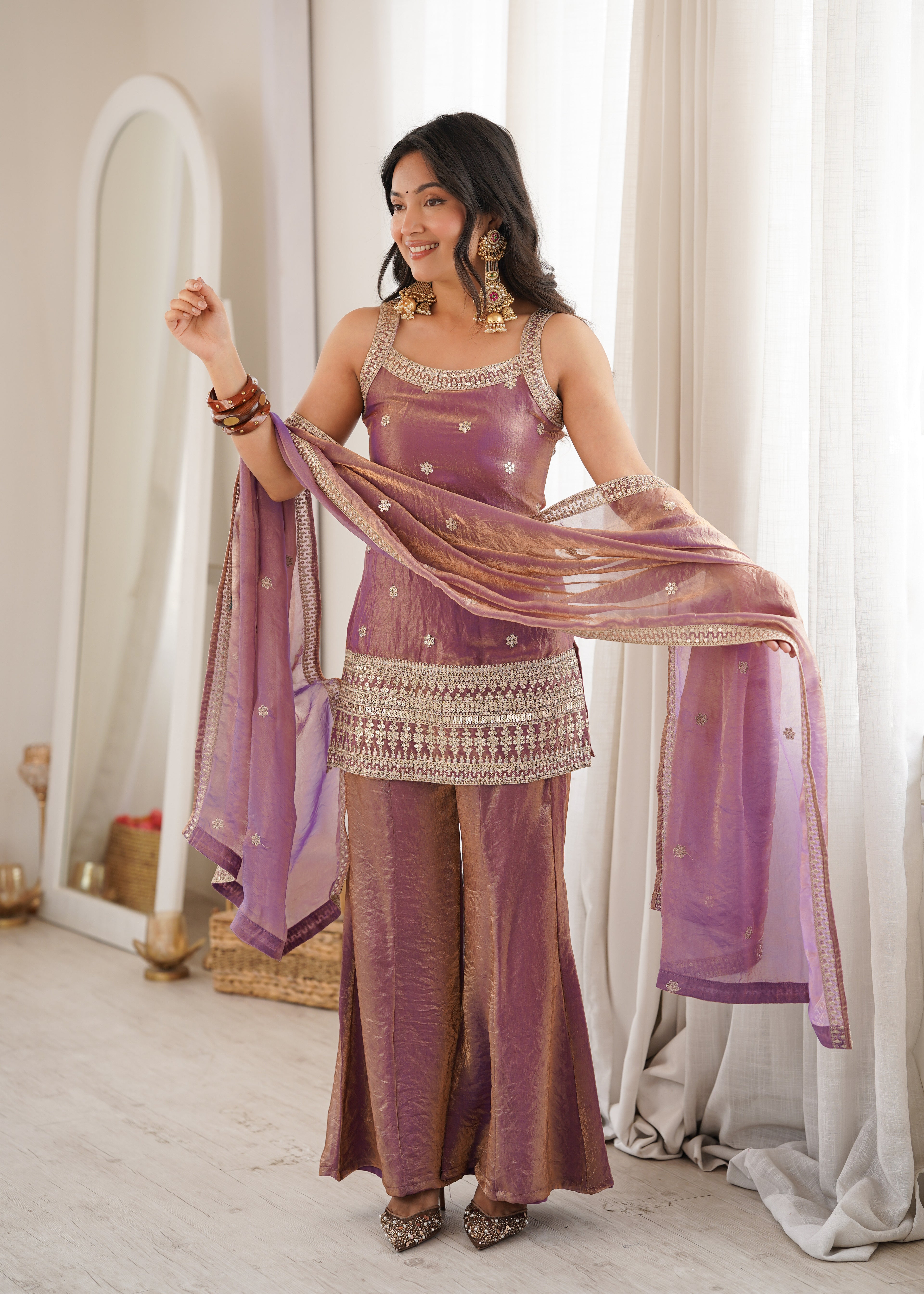 Royal Dusty Pink Frendy Silk Fancy Dori Pattern Kurta with Dupatta and Pant
