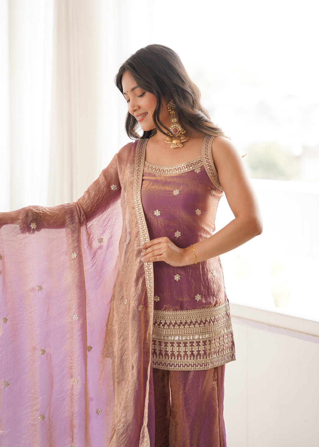 Royal Dusty Pink Frendy Silk Fancy Dori Pattern Kurta with Dupatta and Pant
