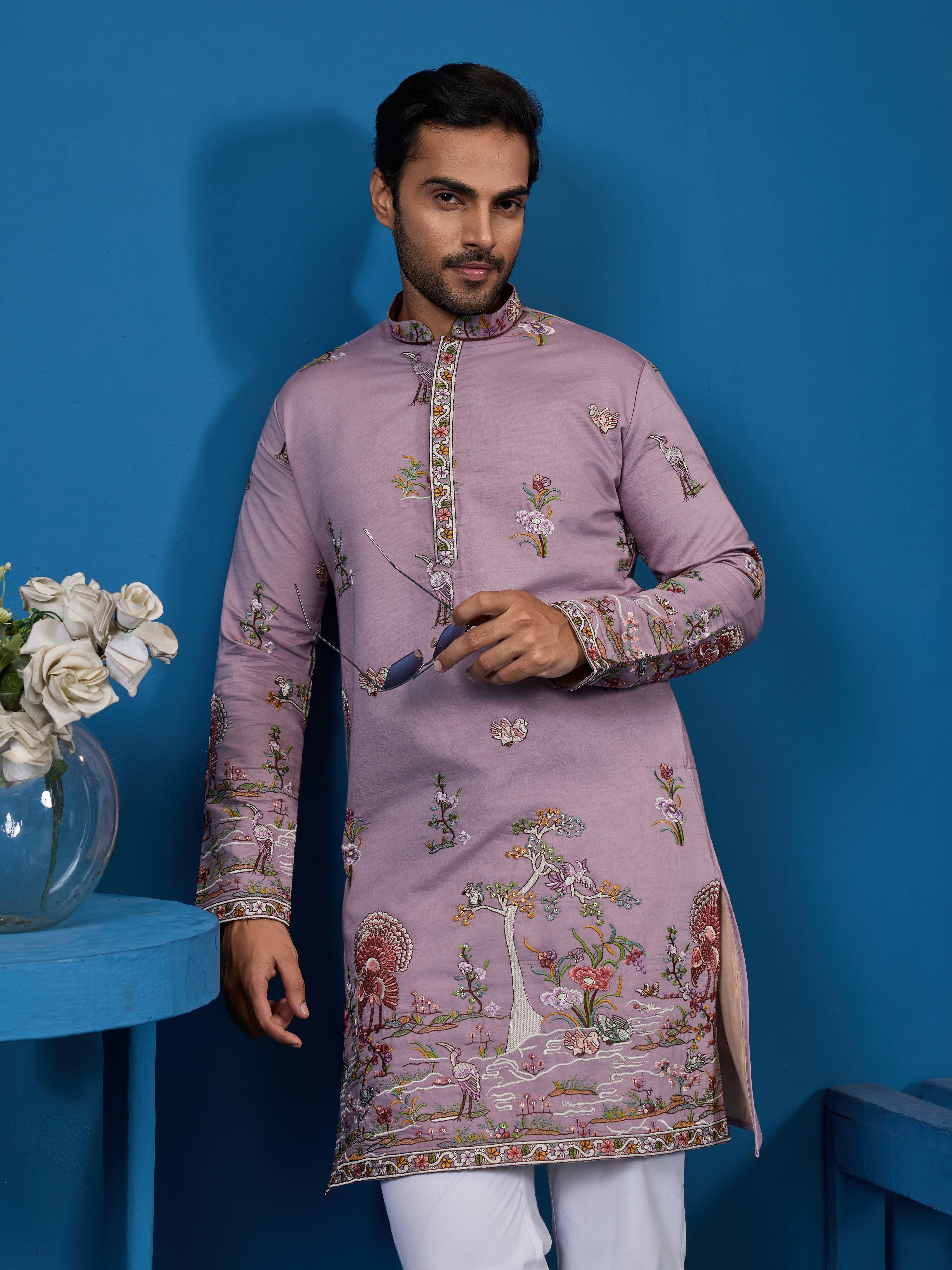 Heavy Embroidered Dusty Pink Kurta for Men