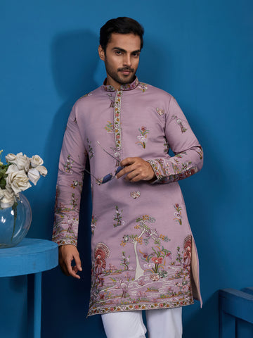 Heavy Embroidered Dusty Pink Kurta for Men