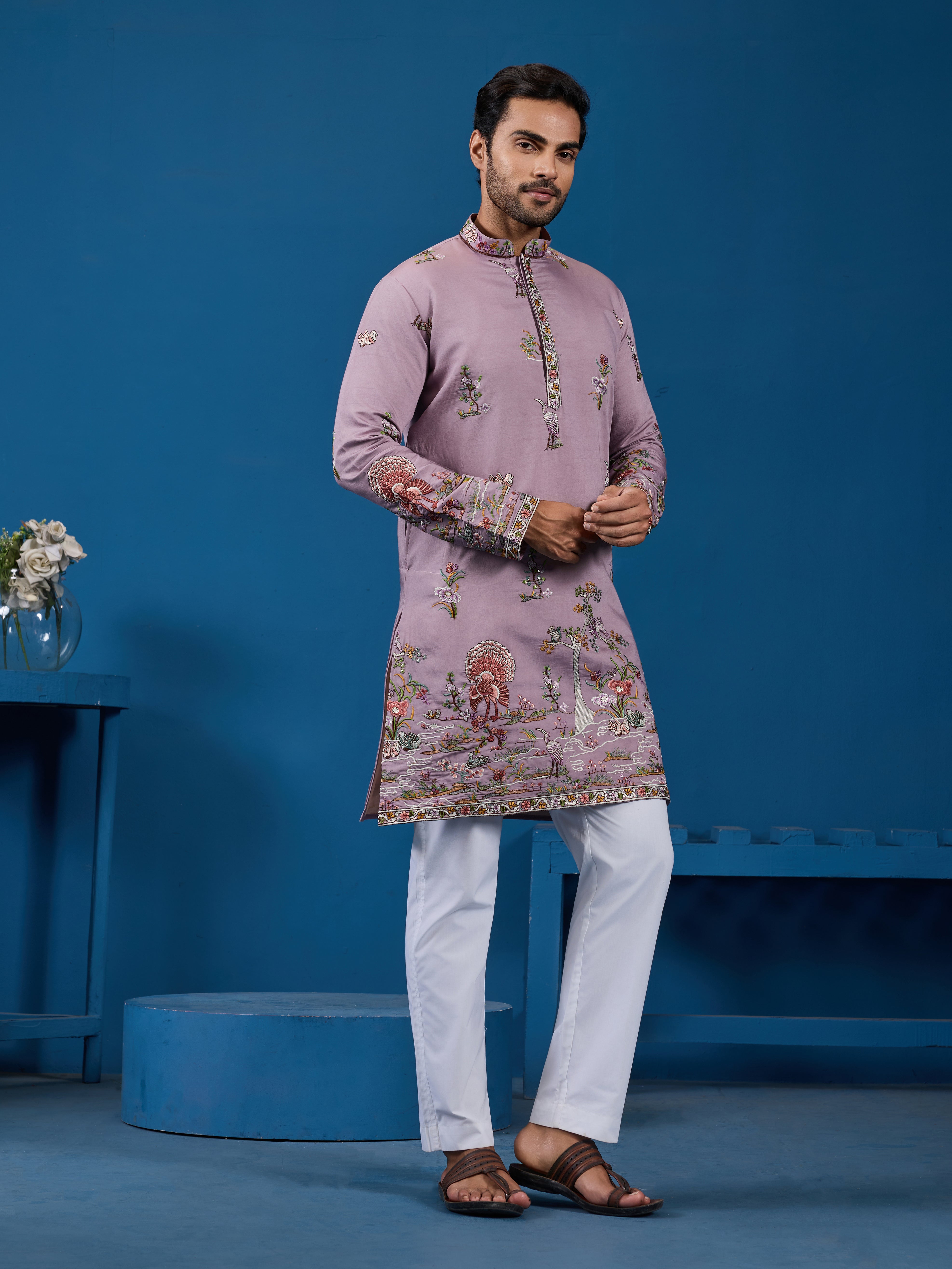 Heavy Embroidered Dusty Pink Kurta for Men