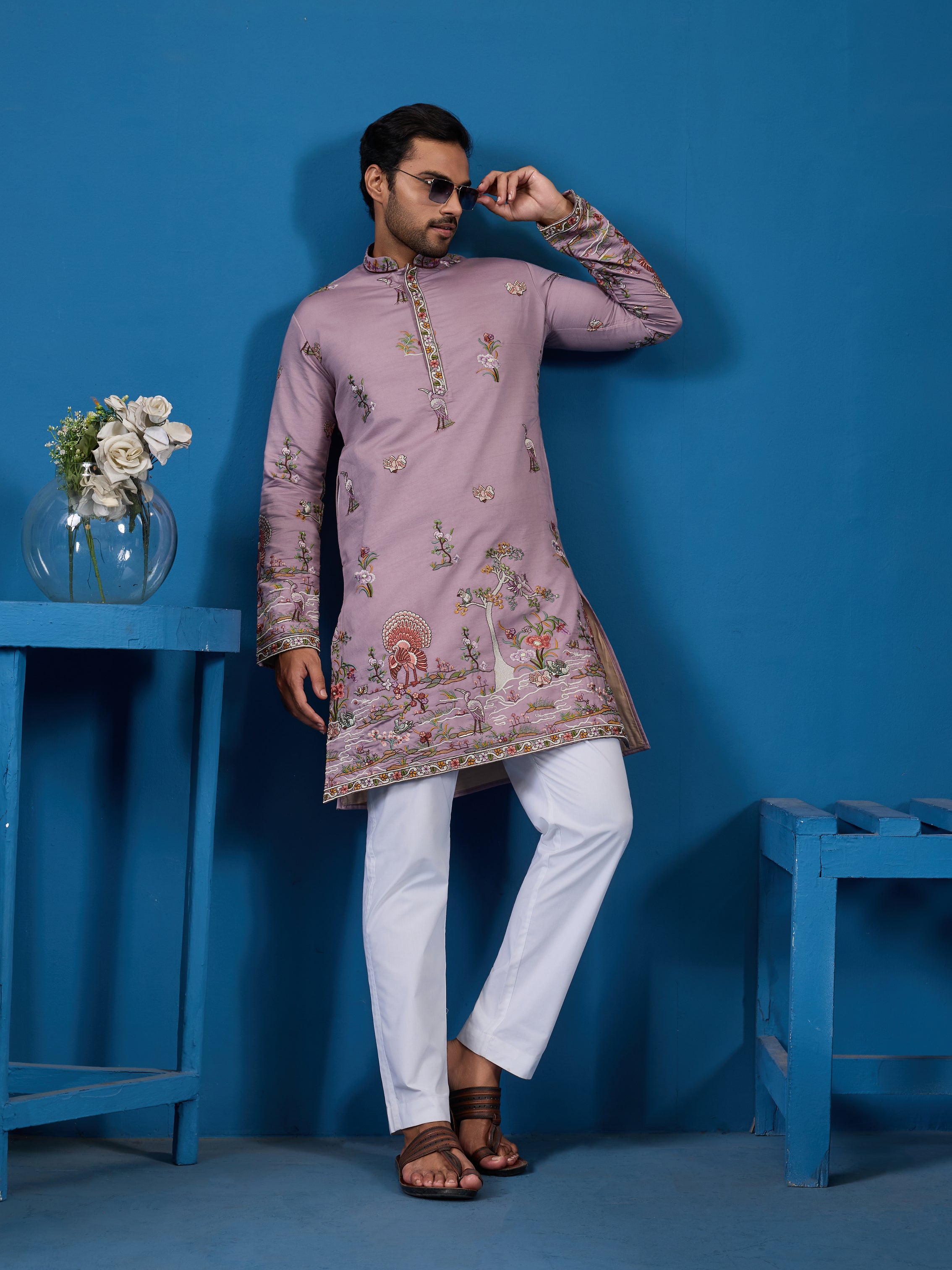 Heavy Embroidered Dusty Pink Kurta for Men
