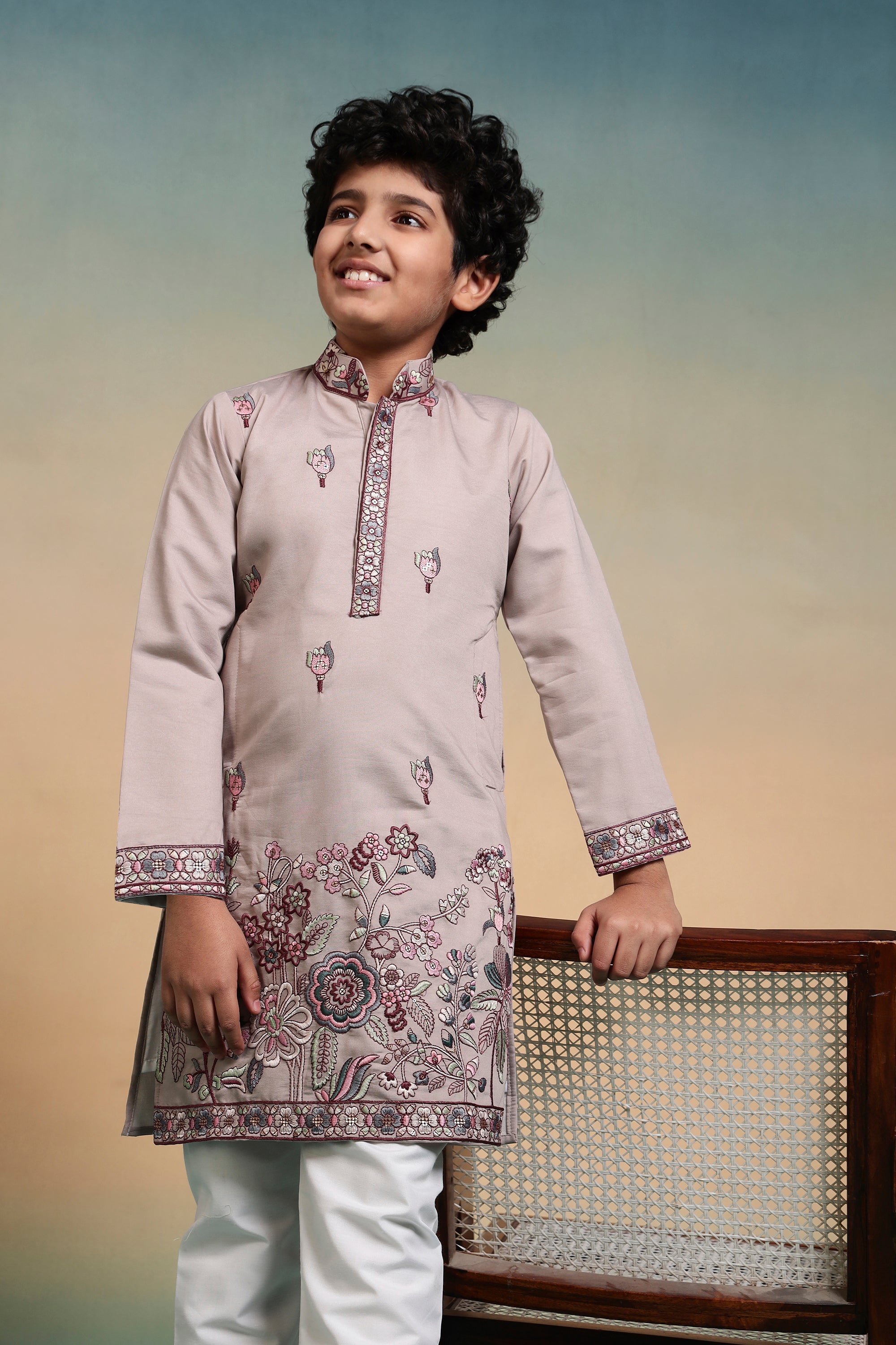 Dusty Purple Thread Sequence Work Kurta Set For Kids