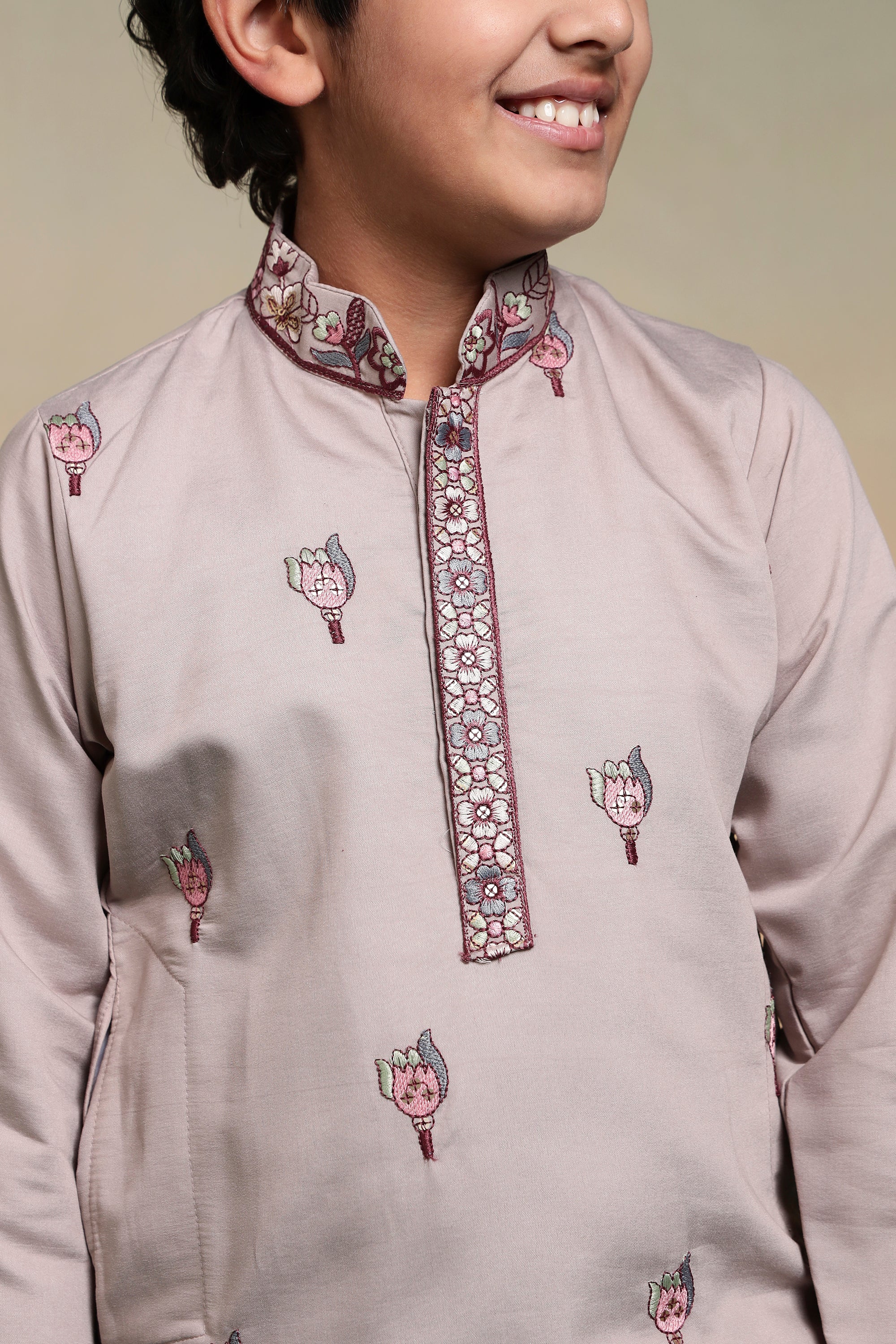 Dusty Purple Thread Sequence Work Kurta Set For Kids