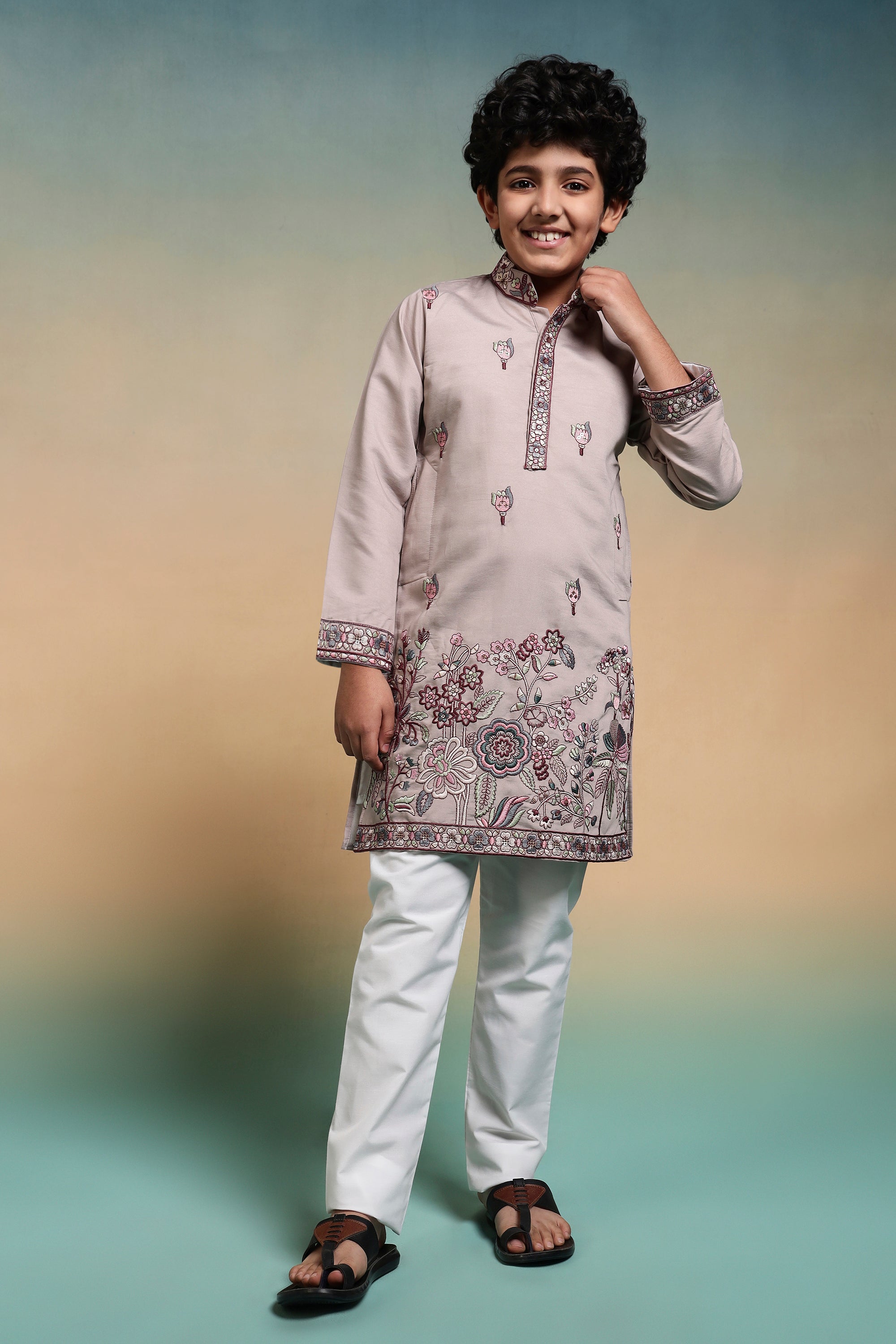 Dusty Purple Thread Sequence Work Kurta Set For Kids