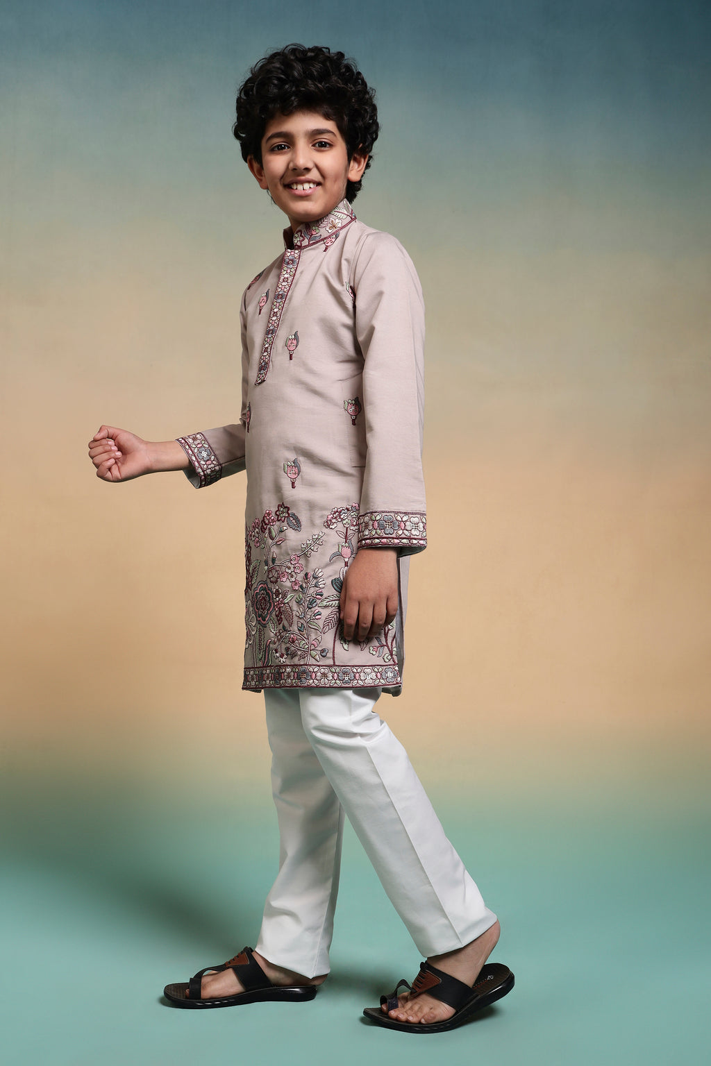 Dusty Purple Thread Sequence Work Kurta Set For Kids