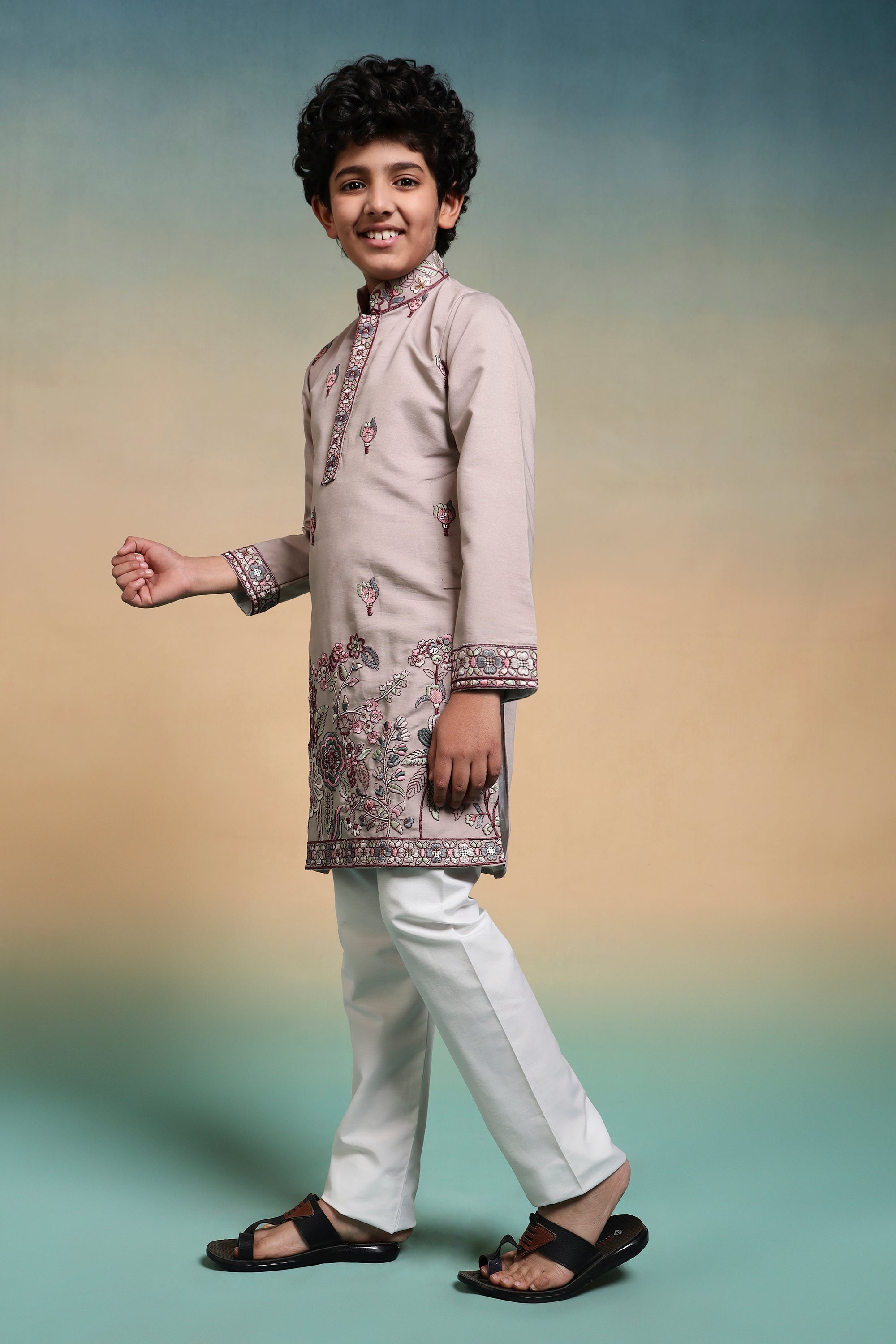Dusty Purple Thread Sequence Work Kurta Set For Kids