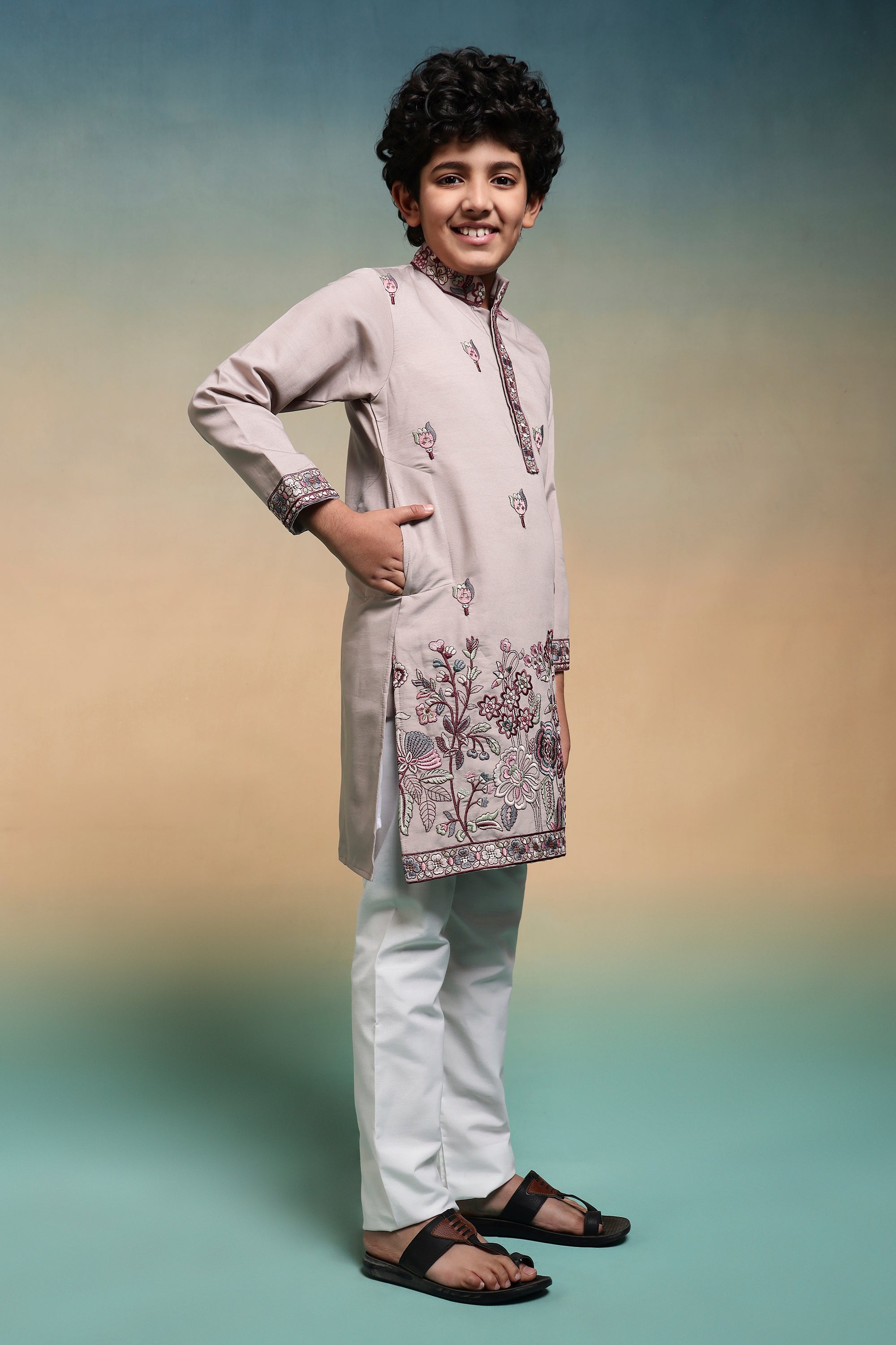 Dusty Purple Thread Sequence Work Kurta Set For Kids