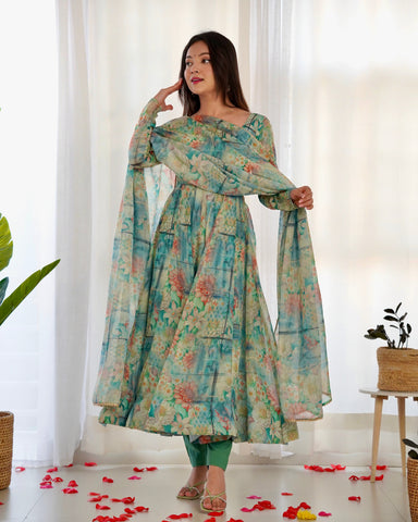 Digitally Printed Pure Organza Anarkali Suit With Huge Flair Comes With Duppatta & Pant